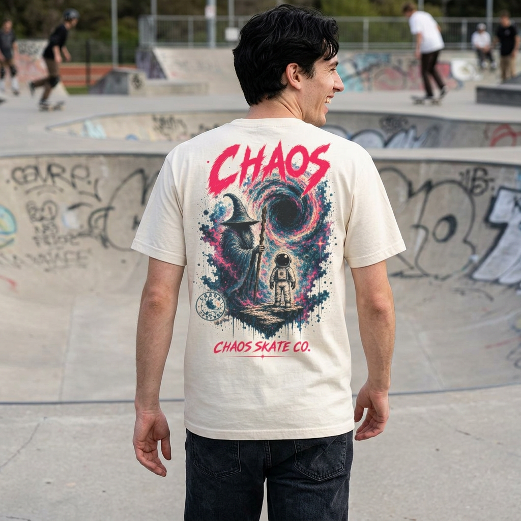 Chaos Skate Co Astronaut Wanderer Tee — Sorcerer’s Realm Skateboard Art